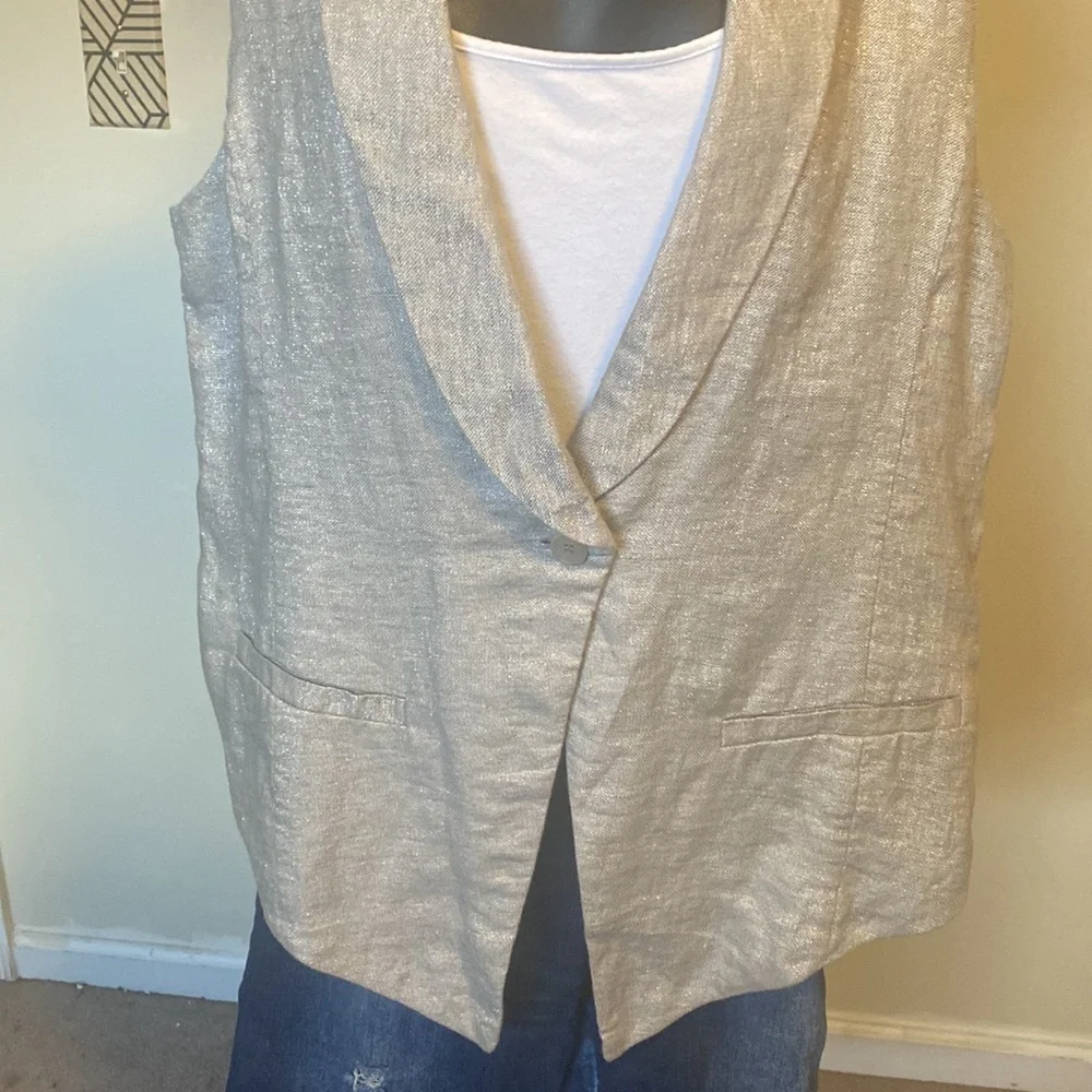 EILEEN FISHER GRAY TWINKLE LINEN WOVEN SHAWL COLLAR VEST - Picture 3 of 12